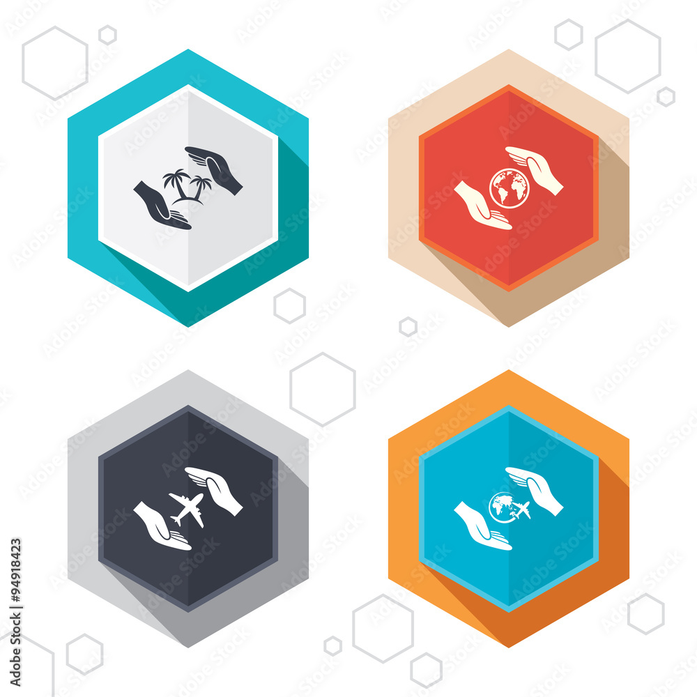 Hands insurance icons. Travel trip flights. Hands insurance icons. Travel trip flights.