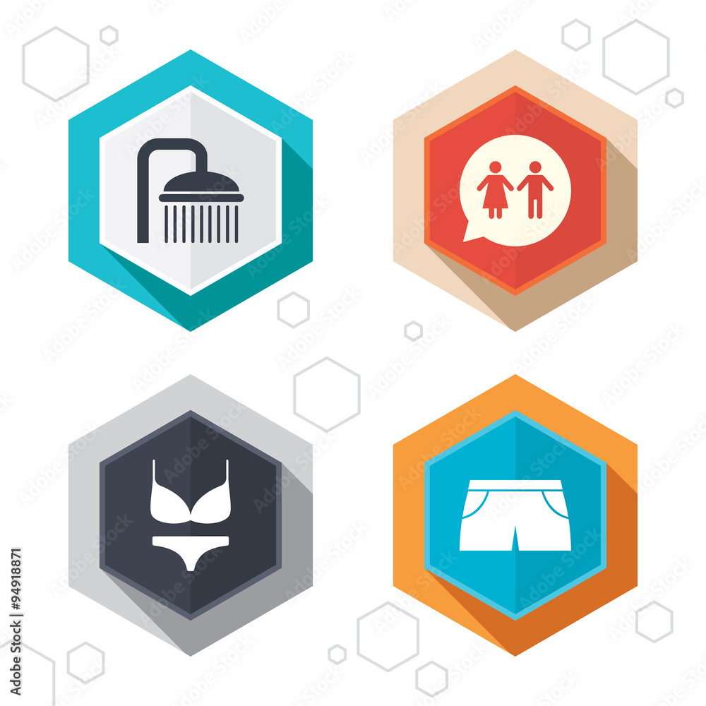 Swimming pool icons. Shower and swimwear signs. Swimming pool icons. Shower and swimwear signs.