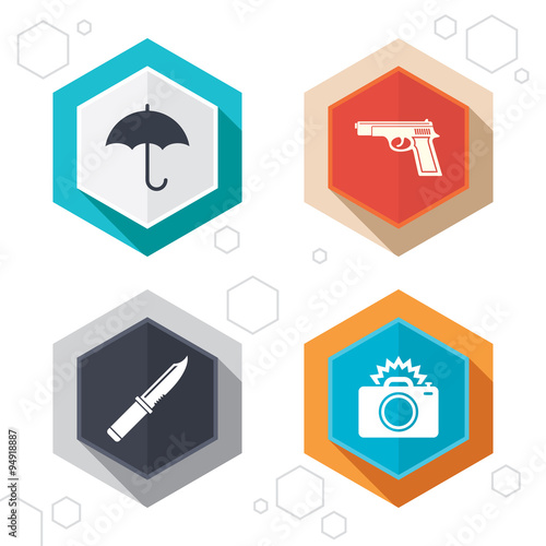 Gun weapon. Knife, umbrella and photo camera.