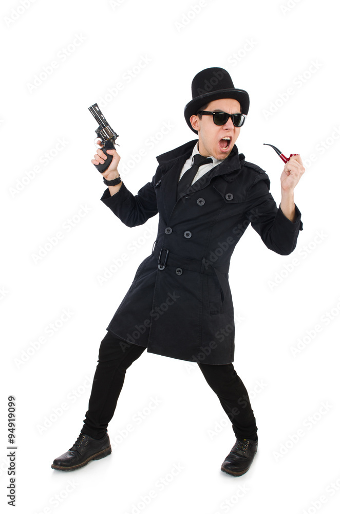 Young detective in black coat holding handgun isolated on white Young detective in black coat holding handgun isolated on white