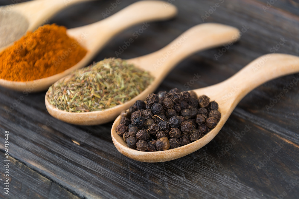 Spices and herbs in bowls. Spices and herbs in bowls.