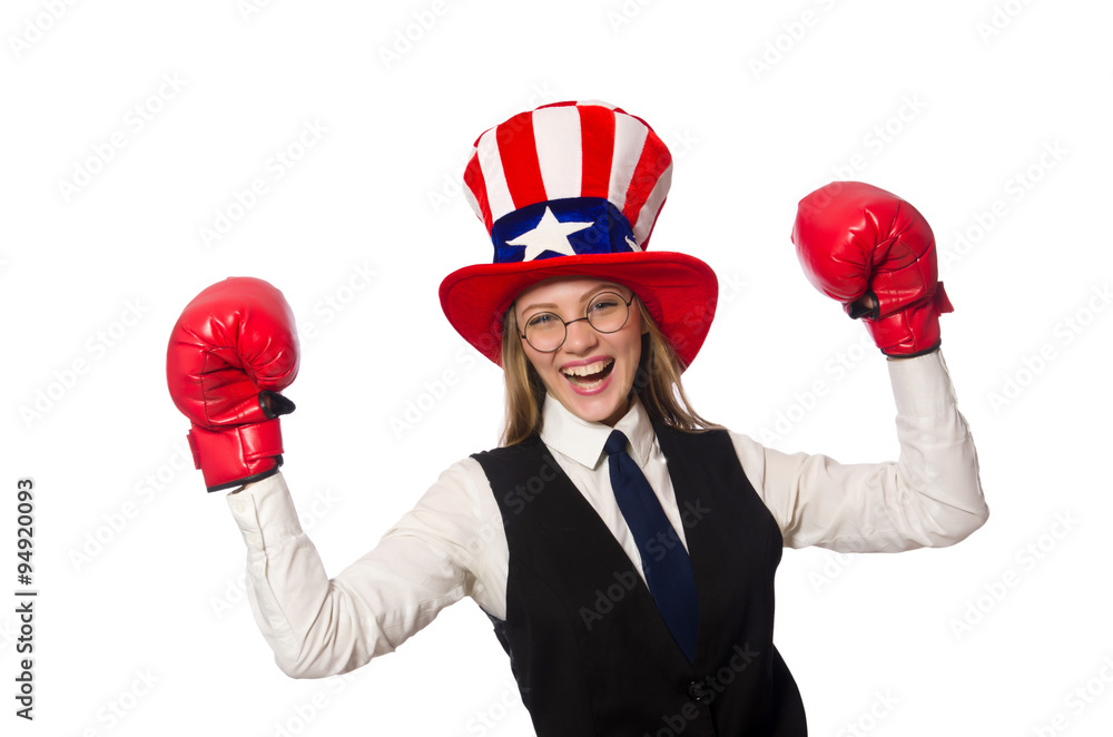 Woman with boxing gloves isolated on white Woman with boxing gloves isolated on white