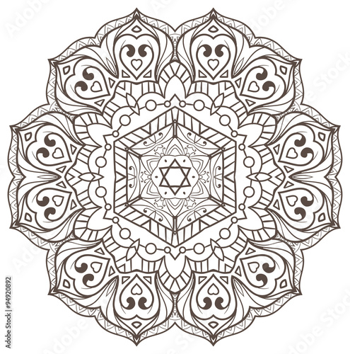Ethnic Fractal Mandala Vector Meditation looks like Snowflake or Maya Aztec Pattern or Flower Isolated on White