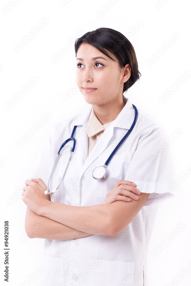 female doctor looking up on blank space female doctor looking up on blank space