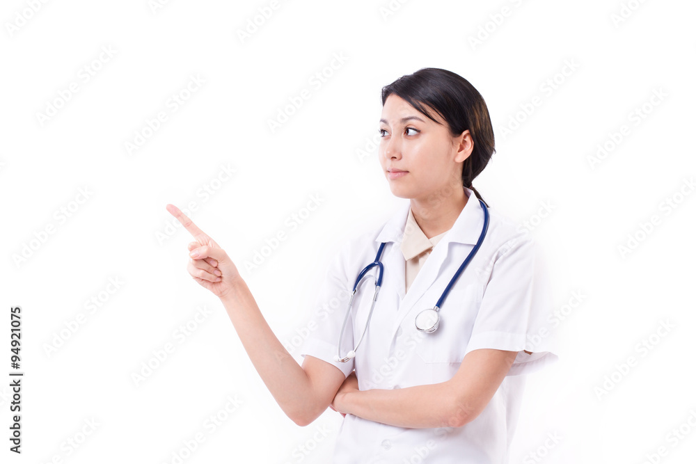 smart female doctor pointing up to blank space smart female doctor pointing up to blank space