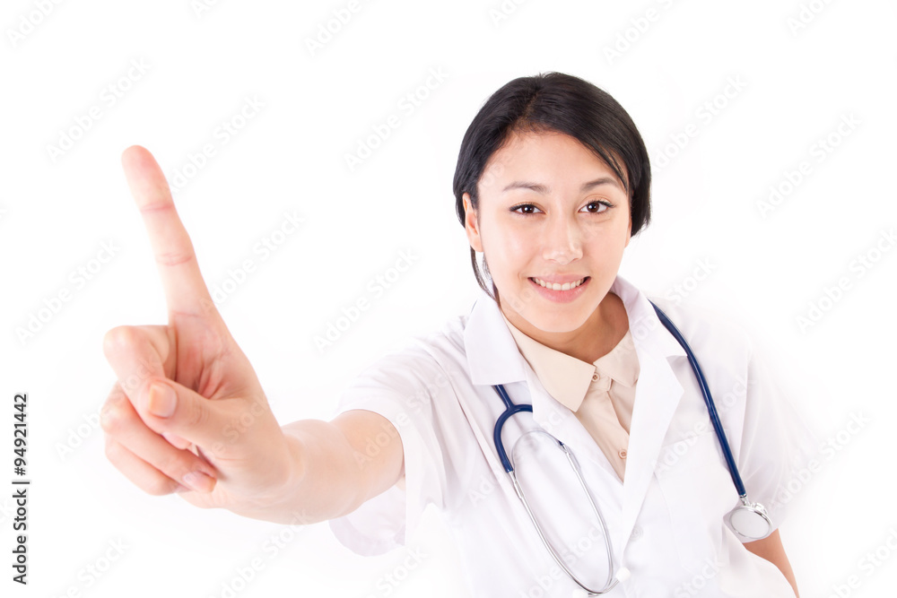 female doctor pointing up one finger female doctor pointing up one finger