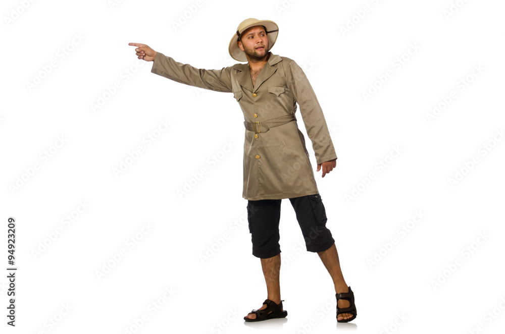 Man in safari hat isolated on white Man in safari hat isolated on white