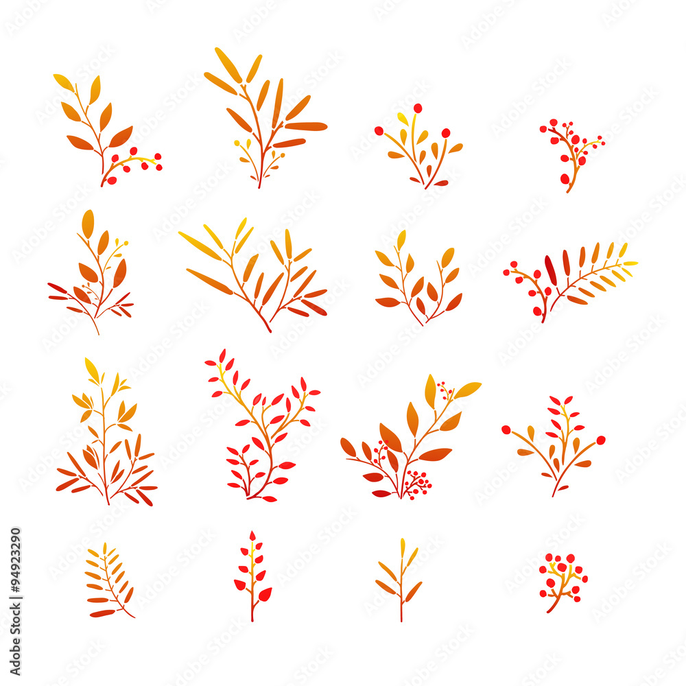 Set of autumn plant elements. Bouquets, kits, ornaments of grass, twigs, leaves and berries. Simple style. Hand drawn. Vector Set of autumn plant elements. Bouquets, kits, ornaments of grass, twigs, leaves and berries. Simple style. Hand drawn. Vector