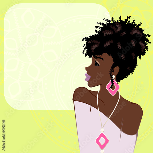 Lime green background with dark-skinned woman