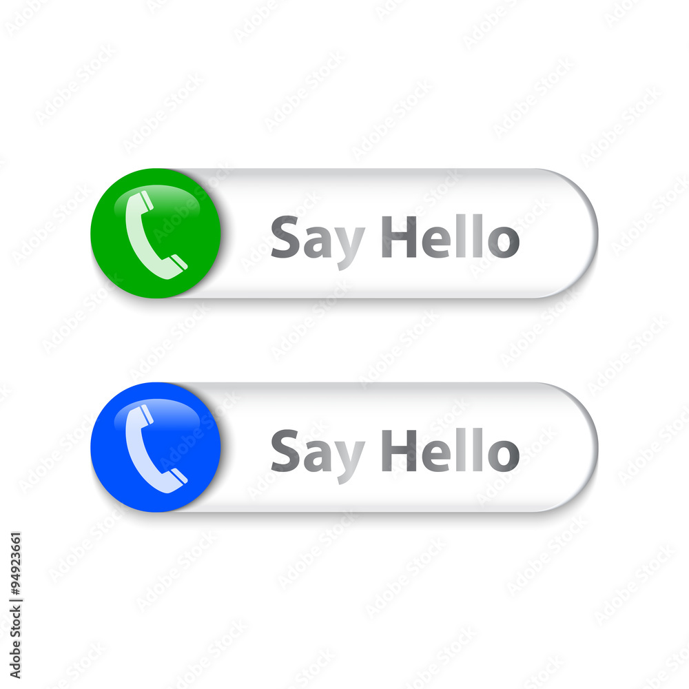 Phone sign on metallic slider with Say Hello words Phone sign on metallic slider with Say Hello words