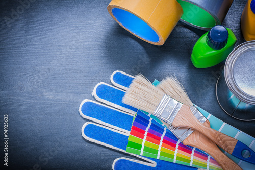 Paint can bottle pantone fan protective gloves paintbrushes adhe