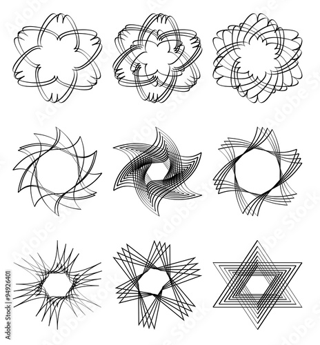 Set of calligraphic design star shapes in black outline. Vector EPS10