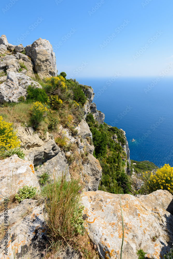 Dangerous cliff rocks at Angelokastro castle cliff, Corfu, Greece.