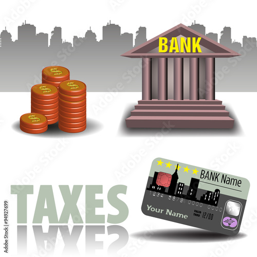 Abstract colorful background with stack of coins, bank building and a credit card. Taxation concept