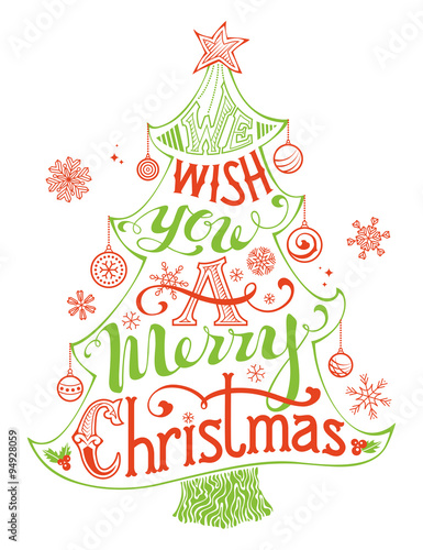 Merry Christmas Lettering in Christmas Tree Silhouette.