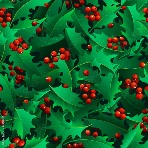 Christmas holly berries seamless pattern.