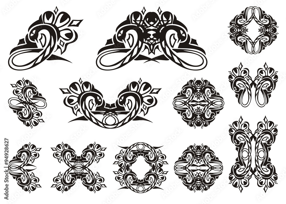 Fototapeta Tribal snake symbols. Set of vector snakes isolated on white. Tattoo, symbol, snake frame or element
