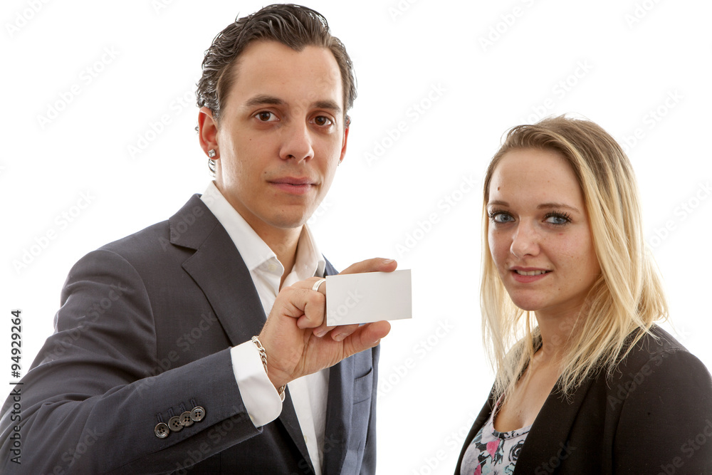 young business couple holding empty card young business couple holding empty card