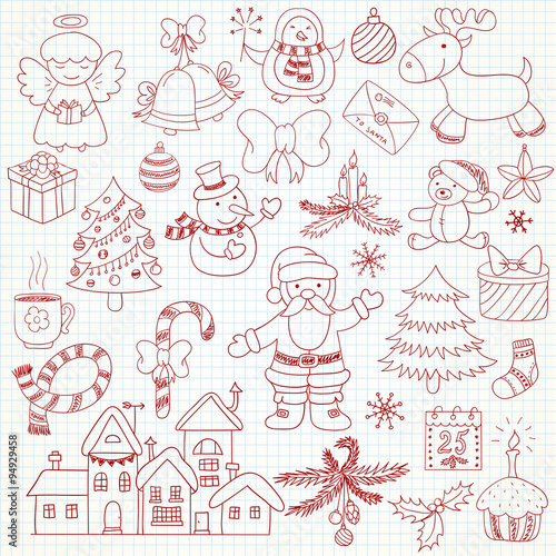 Collection of vector Christmas characters and ornaments in doodle style