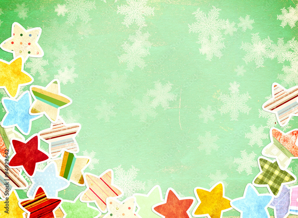 Obraz premium Grunge background with paper stars and snowflakes