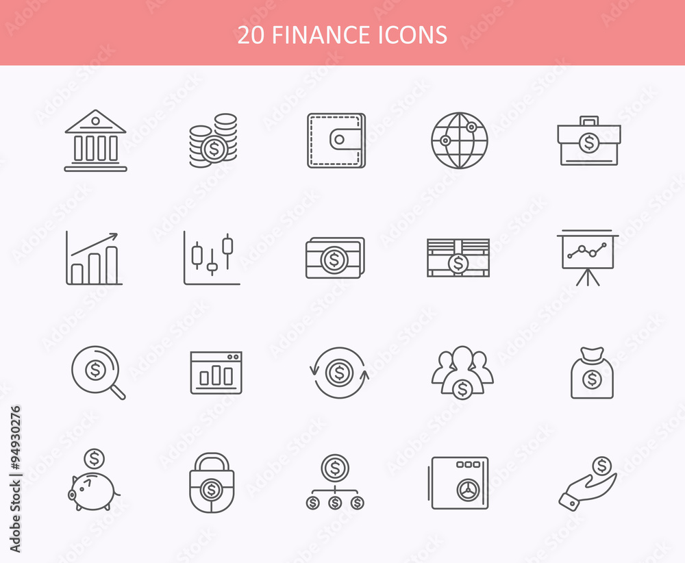 Set of thin, lines, financial service items icons
