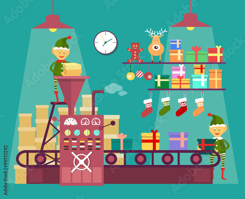 Elves make Christmas and New Year gifts, vetor illustration
