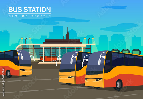 Bus station, vector flat background illustration