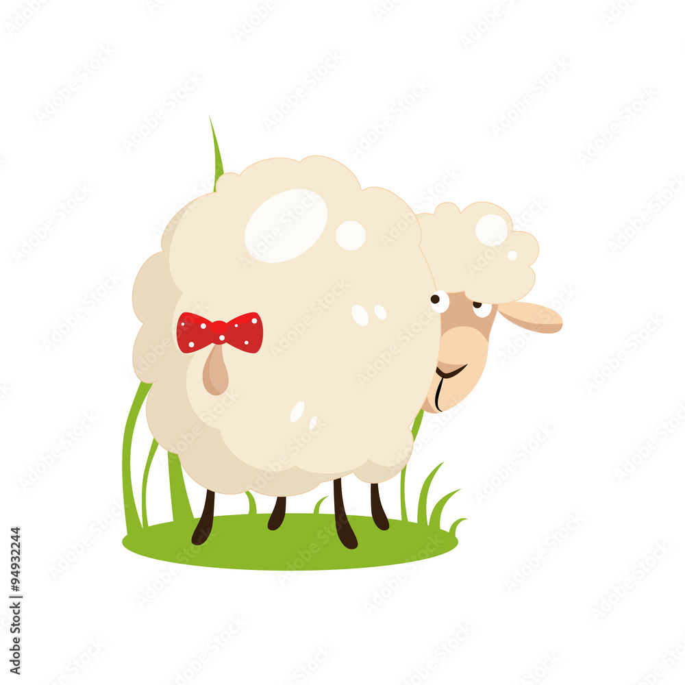 Obraz premium Cute White Sheep With A Bow on Tail. Flat Design Vector Illustration