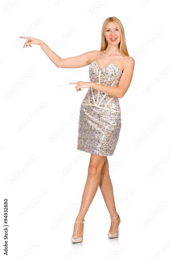 Naklejka premium Young woman in silver dress isolated on white