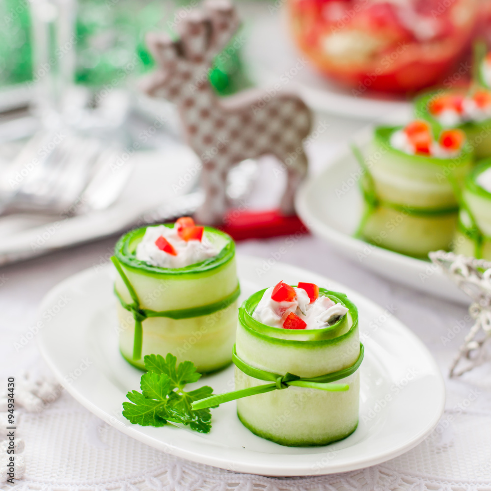 Cucumber Rolls Stuffed with Feta, Herbs, Capsicum and Black Oliv Cucumber Rolls Stuffed with Feta, Herbs, Capsicum and Black Oliv