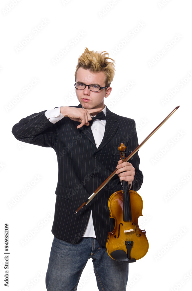 Young musician with violin isolated on white
