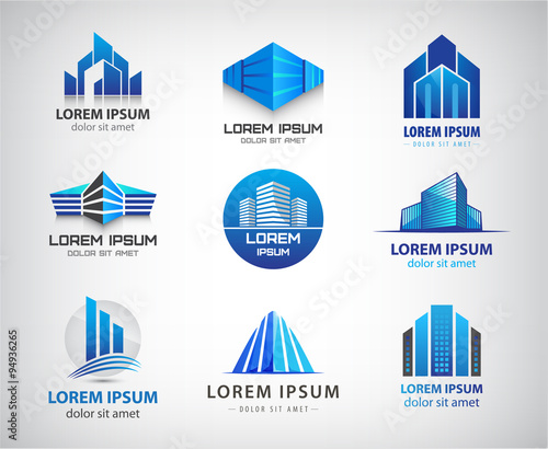 Vector set of blue, modern office, company buildings, skyscrapers logos, icons isolated
