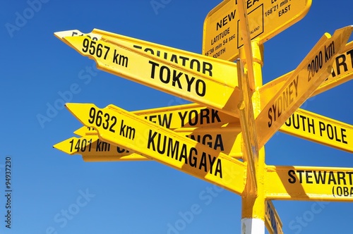 Signpost showing distance of major cities at Bluff New Zealand