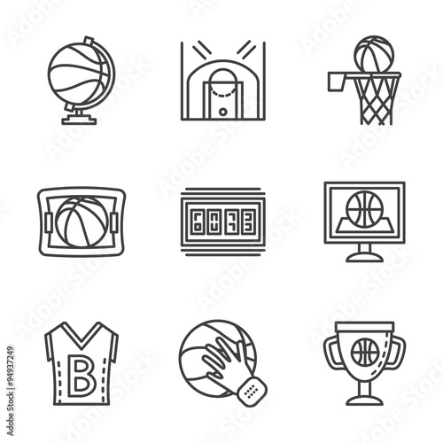 Flat black line basketball icons