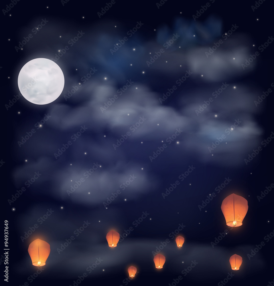 Night sky with the moon, stars and chinese wish lanterns. Vector illustration Night sky with the moon, stars and chinese wish lanterns. Vector illustration