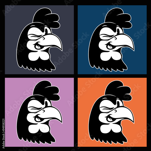 Vintage cartoon. four images of smiling and winking retro rooster character on colorful squares