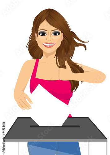 young woman putting ballot in vote box