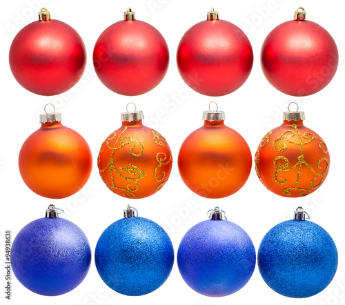 red, blue, orange xmas balls isolated on white