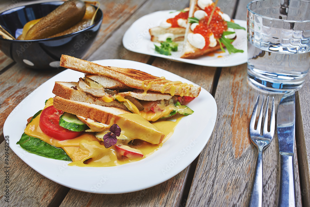 delicious breakfast toast with chicken and vegetables delicious breakfast toast with chicken and vegetables