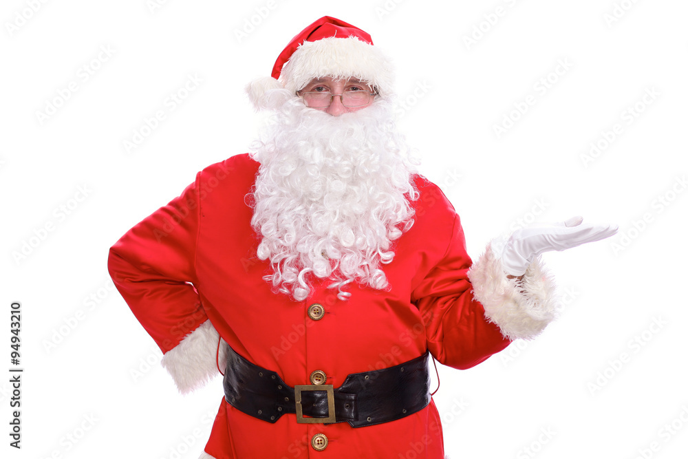 Kind Santa Claus pointing in white blank sign, isolated on white background Kind Santa Claus pointing in white blank sign, isolated on white background