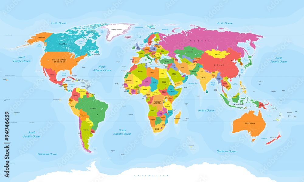 Fototapeta premium Wektor mapa świata. Etykiety angielskie / amerykańskie