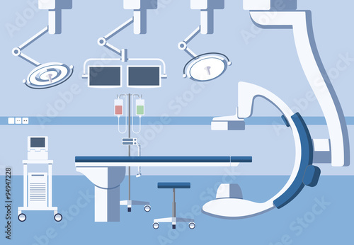 Medical hospital surgery operating room, theater with equipment in flat vector style