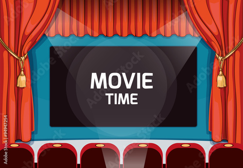 Vintage vector theater stage with red curtains and spotlight. Retro movie party background in comic art style