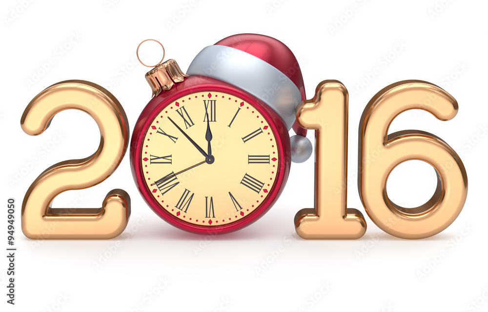 Φωτογραφία New Year's Eve 2016 time clock Santa hat Christmas ball bauble decoration Xmas happy wintertime holidays midnight beginning future countdown calendar date adornment traditional