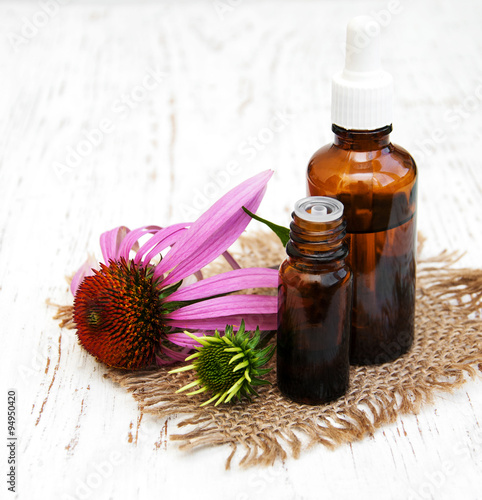 bottles with essence oil with purple echinacea