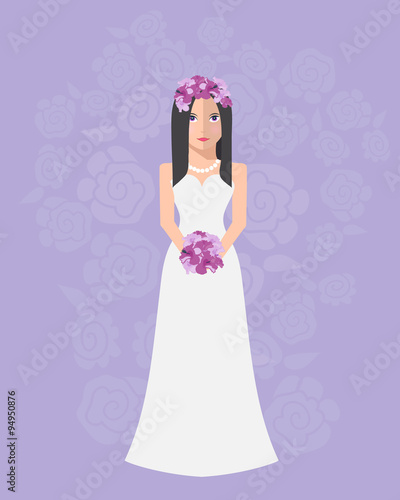 The bride in a long wedding dress with a bouquet of flowers. Vector illustration in a flat style. Wedding poster, invitation, decoration. Wedding fashion, Greek style