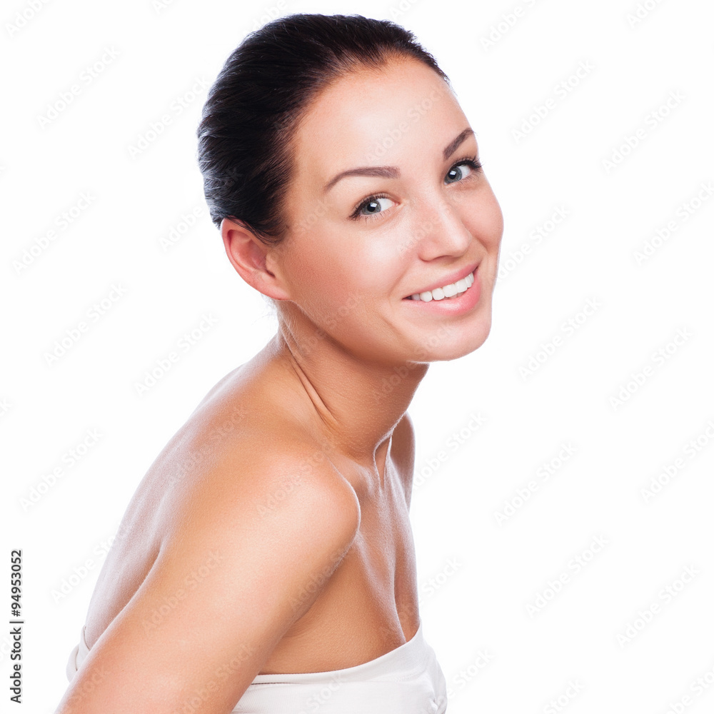 Pretty face of beautiful smiling woman - posing at studio isolated on white Pretty face of beautiful smiling woman - posing at studio isolated on white