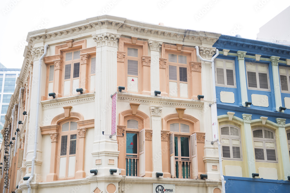 colorful historic architecture, shophouses in chinatown, Singapo
