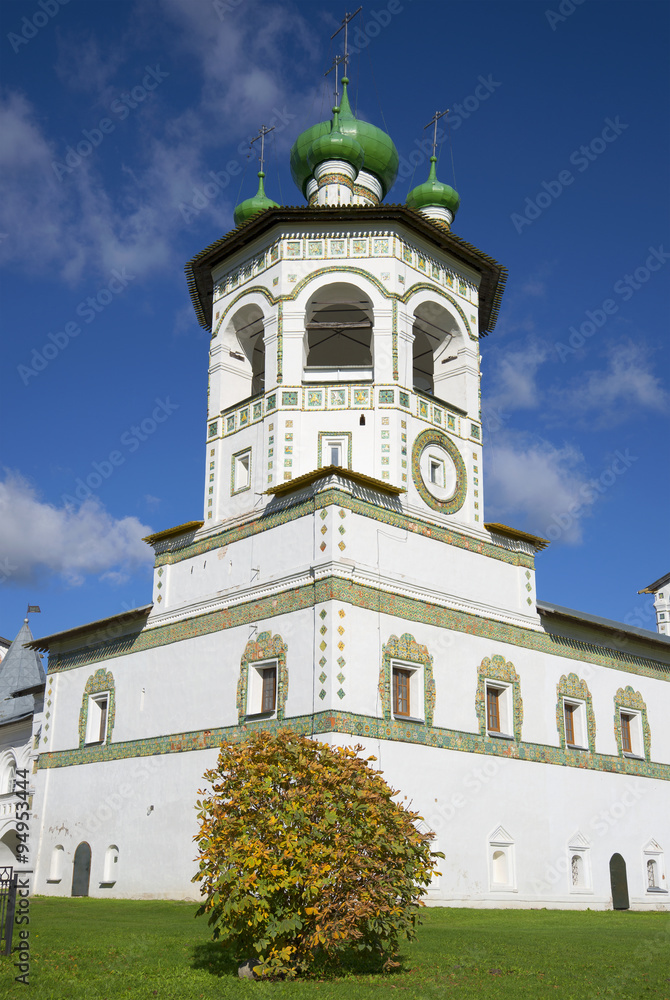 Колокольня Николо-Вяжищского женского монастыря крупным планом. Новгородская область