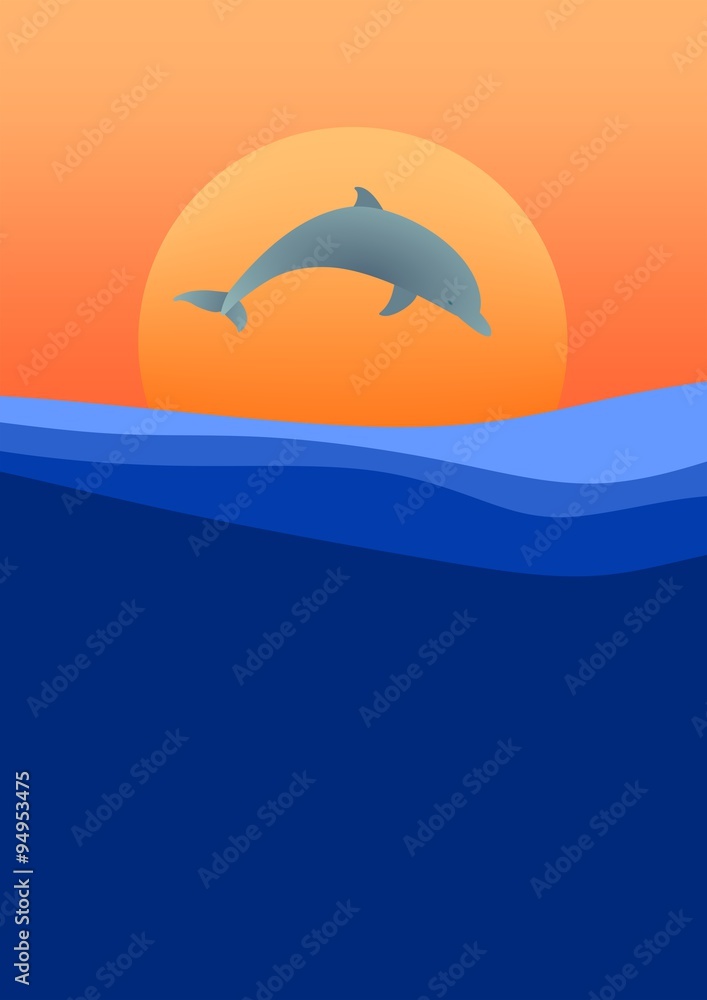 Fototapeta premium Dolphin jumping above sea level at sunset with orange sun and orange sky
